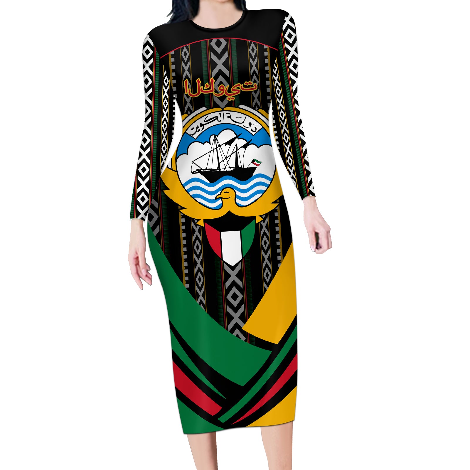 Kuwait Hawk of Quraish With Al Sadu Pattern Personalized Long Sleeve Bodycon Dress - Wonder Print Shop
