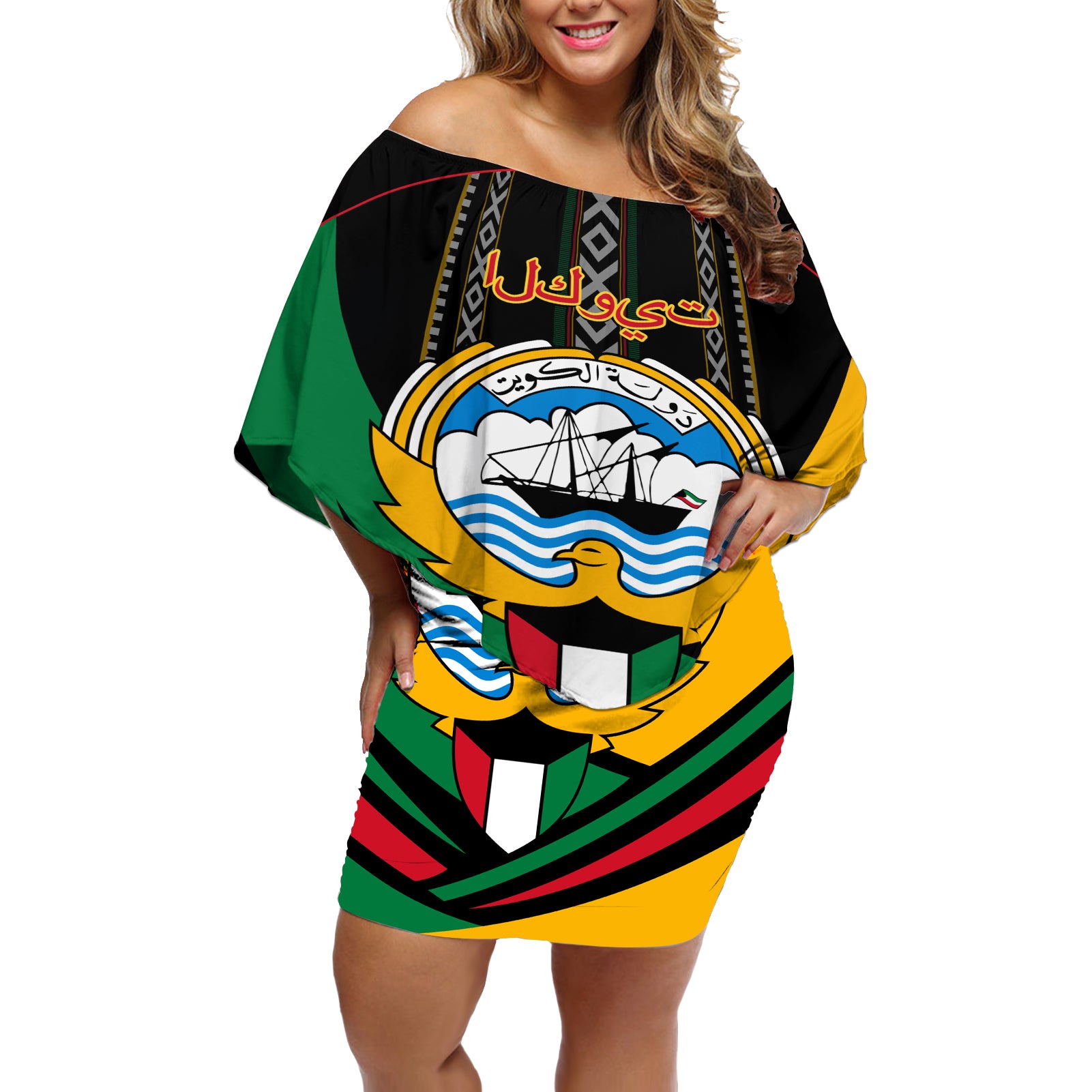Kuwait Hawk of Quraish With Al Sadu Pattern Personalized Off Shoulder Short Dress - Wonder Print Shop