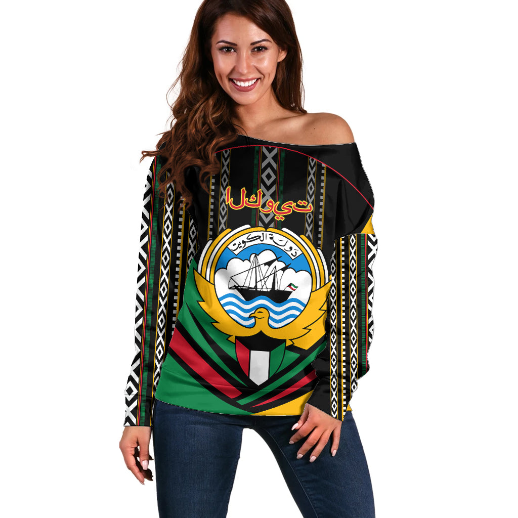 Kuwait Hawk of Quraish With Al Sadu Pattern Personalized Off Shoulder Sweater - Wonder Print Shop