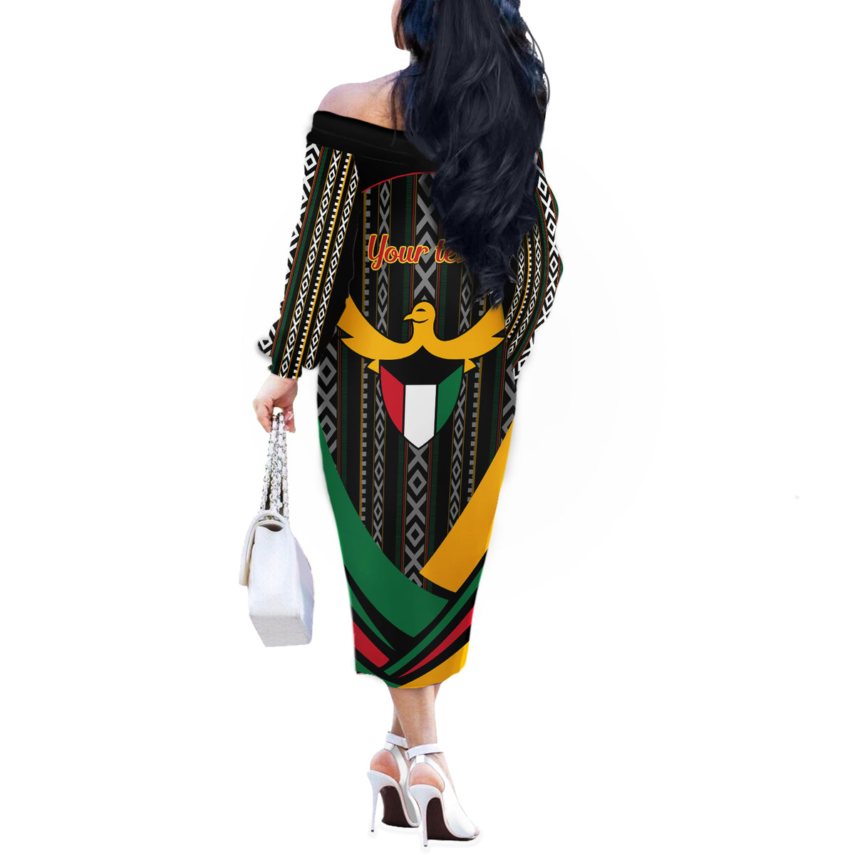 Kuwait Hawk of Quraish With Al Sadu Pattern Personalized Off The Shoulder Long Sleeve Dress - Wonder Print Shop