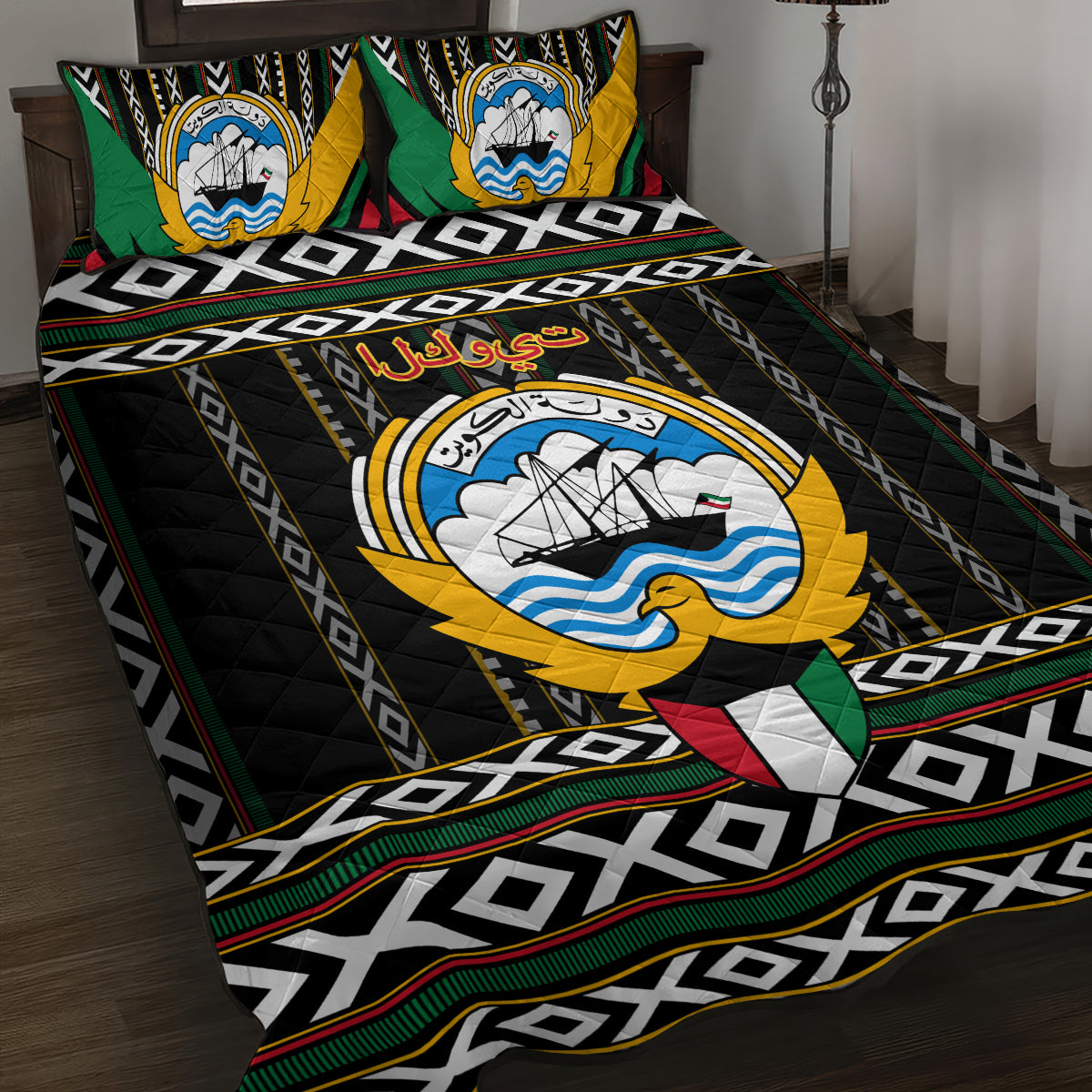 Kuwait Hawk of Quraish With Al Sadu Pattern Personalized Quilt Bed Set - Wonder Print Shop