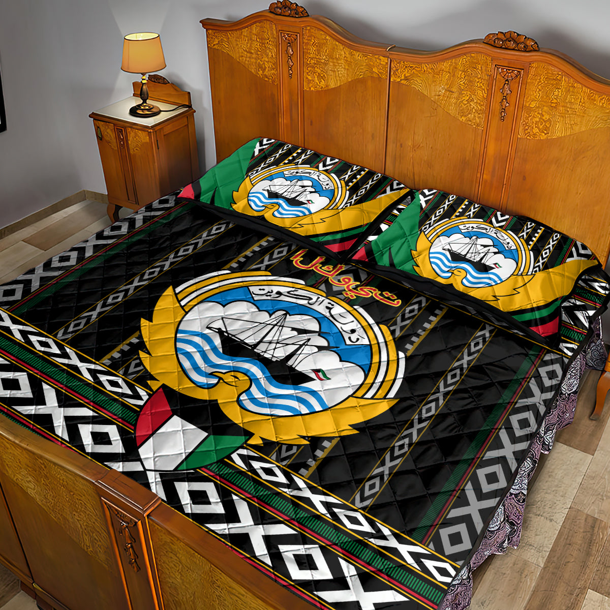 Kuwait Hawk of Quraish With Al Sadu Pattern Personalized Quilt Bed Set - Wonder Print Shop