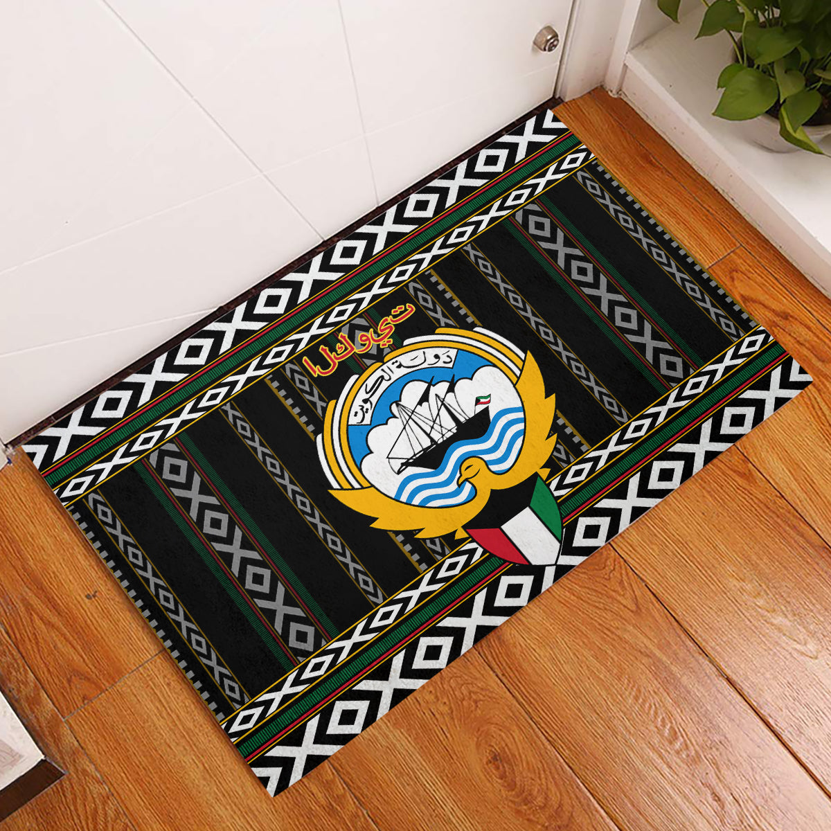 Kuwait Hawk of Quraish With Al Sadu Pattern Personalized Rubber Doormat - Wonder Print Shop