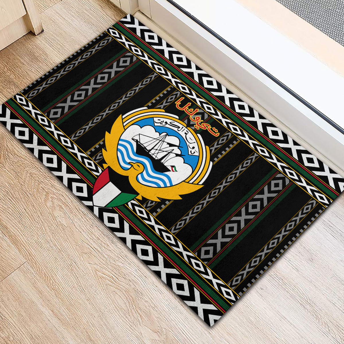 Kuwait Hawk of Quraish With Al Sadu Pattern Personalized Rubber Doormat - Wonder Print Shop