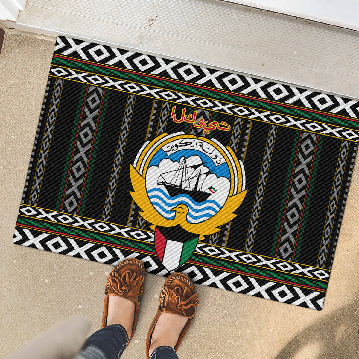 Kuwait Hawk of Quraish With Al Sadu Pattern Personalized Rubber Doormat - Wonder Print Shop
