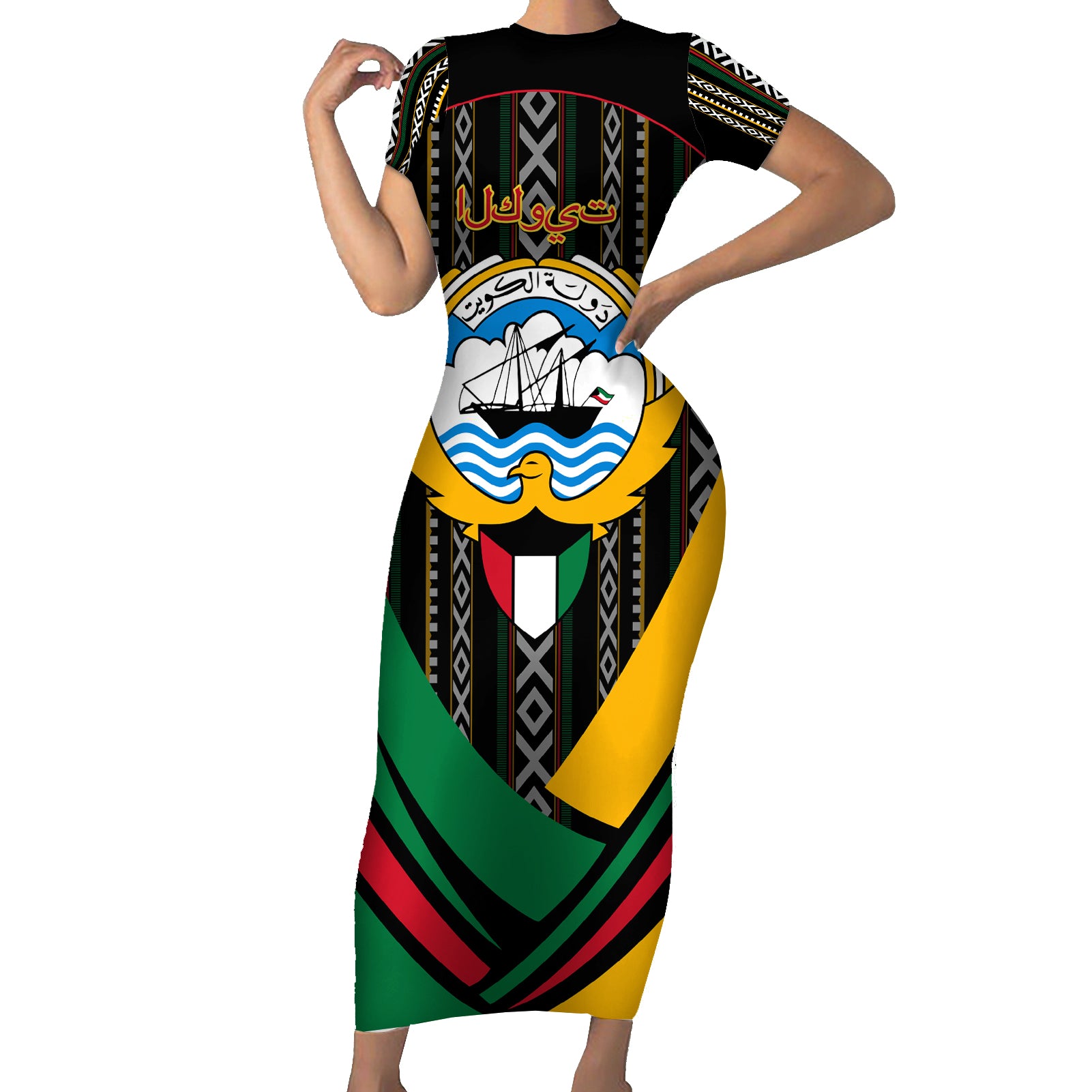 Kuwait Hawk of Quraish With Al Sadu Pattern Personalized Short Sleeve Bodycon Dress - Wonder Print Shop