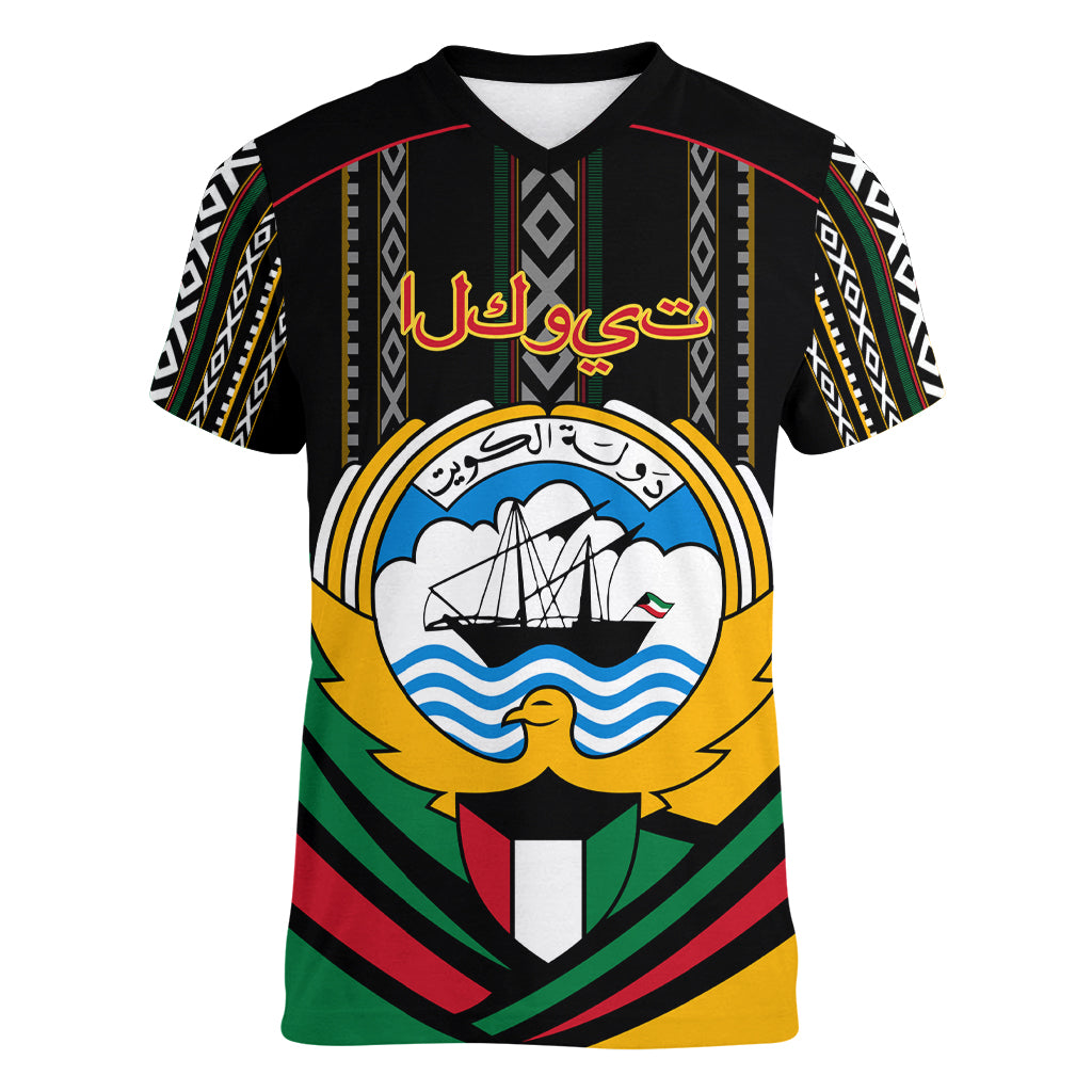 Kuwait Hawk of Quraish With Al Sadu Pattern Personalized Women V Neck T Shirt - Wonder Print Shop
