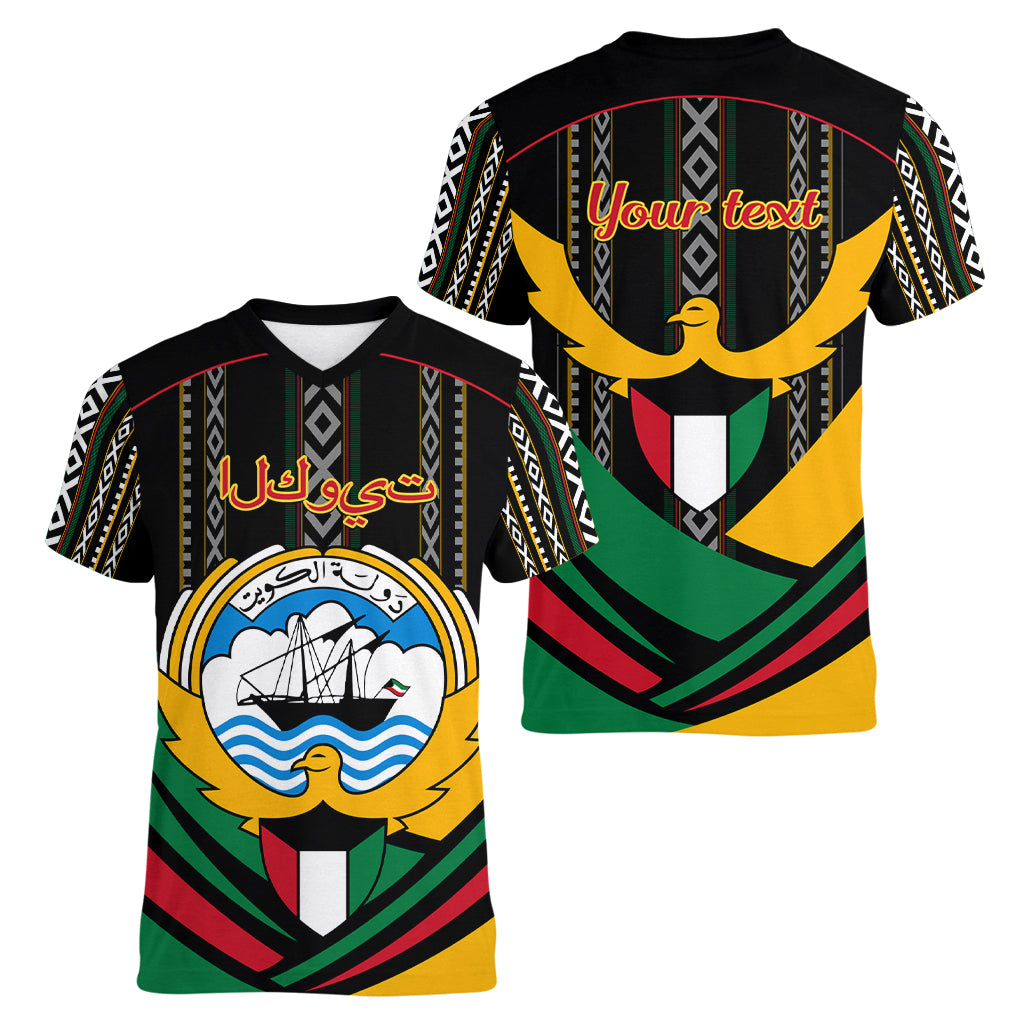 Kuwait Hawk of Quraish With Al Sadu Pattern Personalized Women V Neck T Shirt - Wonder Print Shop