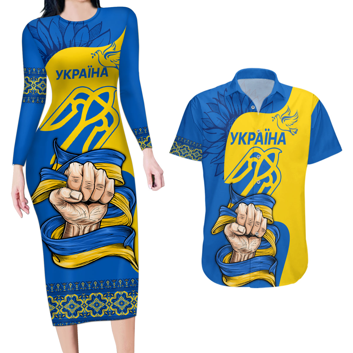Ukraine Ukraine Folk Patterns Unity Day Personalized Couples Matching Long Sleeve Bodycon Dress and Hawaiian Shirt LT9 - Wonder Print Shop