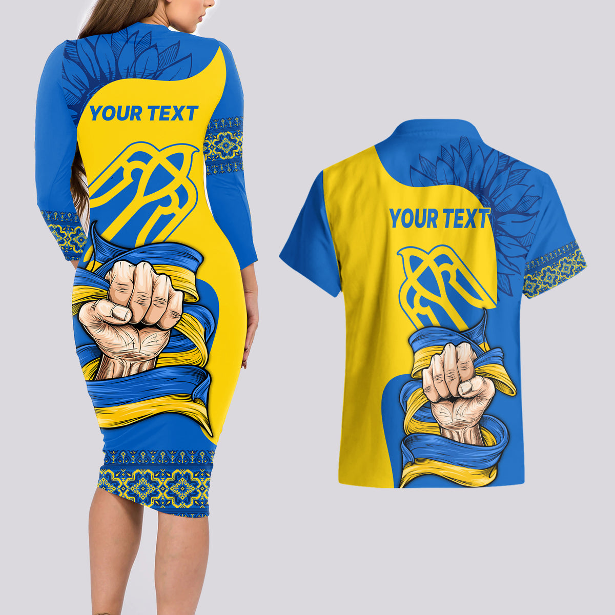 Ukraine Ukraine Folk Patterns Unity Day Personalized Couples Matching Long Sleeve Bodycon Dress and Hawaiian Shirt LT9 - Wonder Print Shop
