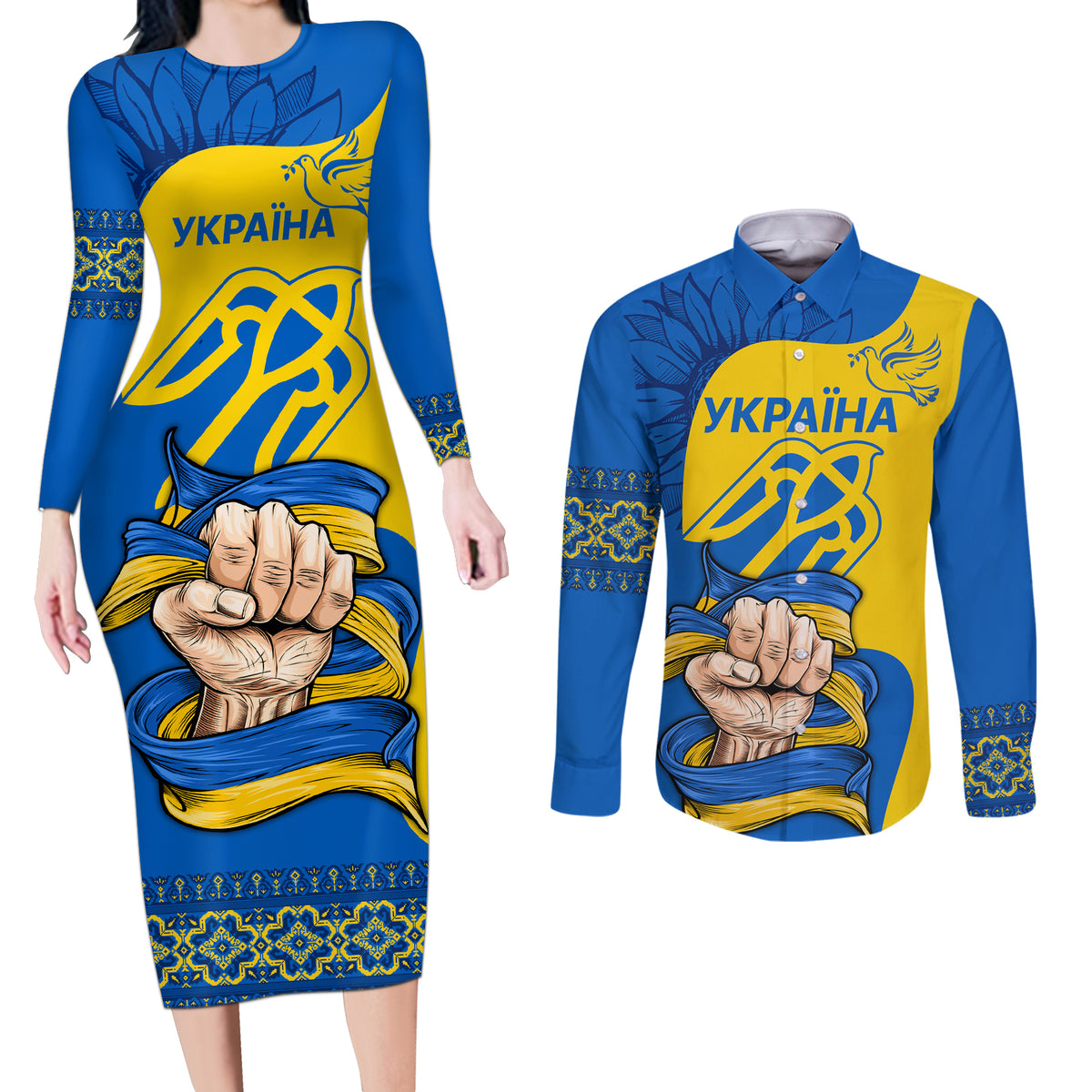 Ukraine Ukraine Folk Patterns Unity Day Personalized Couples Matching Long Sleeve Bodycon Dress and Long Sleeve Button Shirt LT9 - Wonder Print Shop
