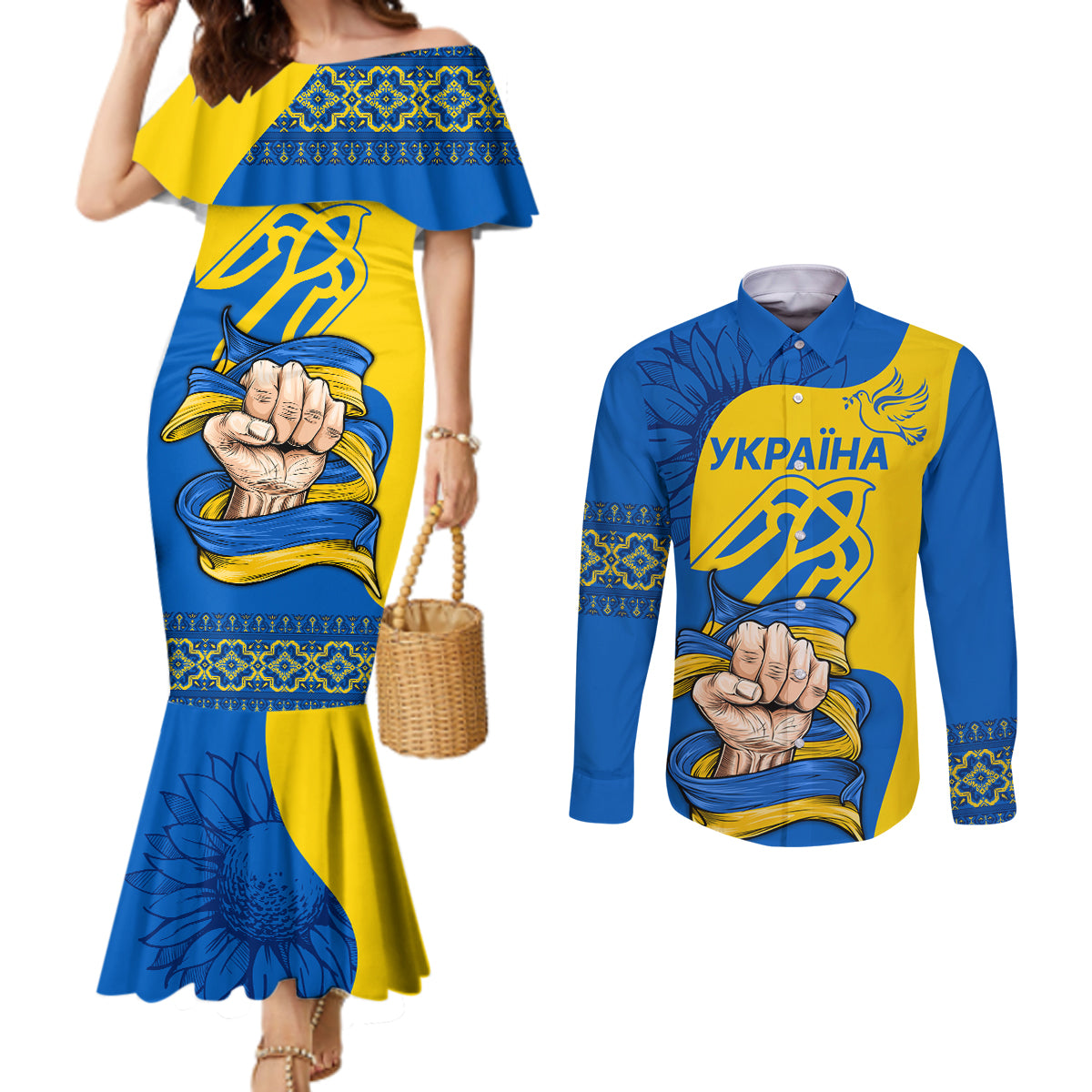 ukraine-ukraine-folk-patterns-unity-day-personalized-couples-matching-mermaid-dress-and-long-sleeve-button-shirt