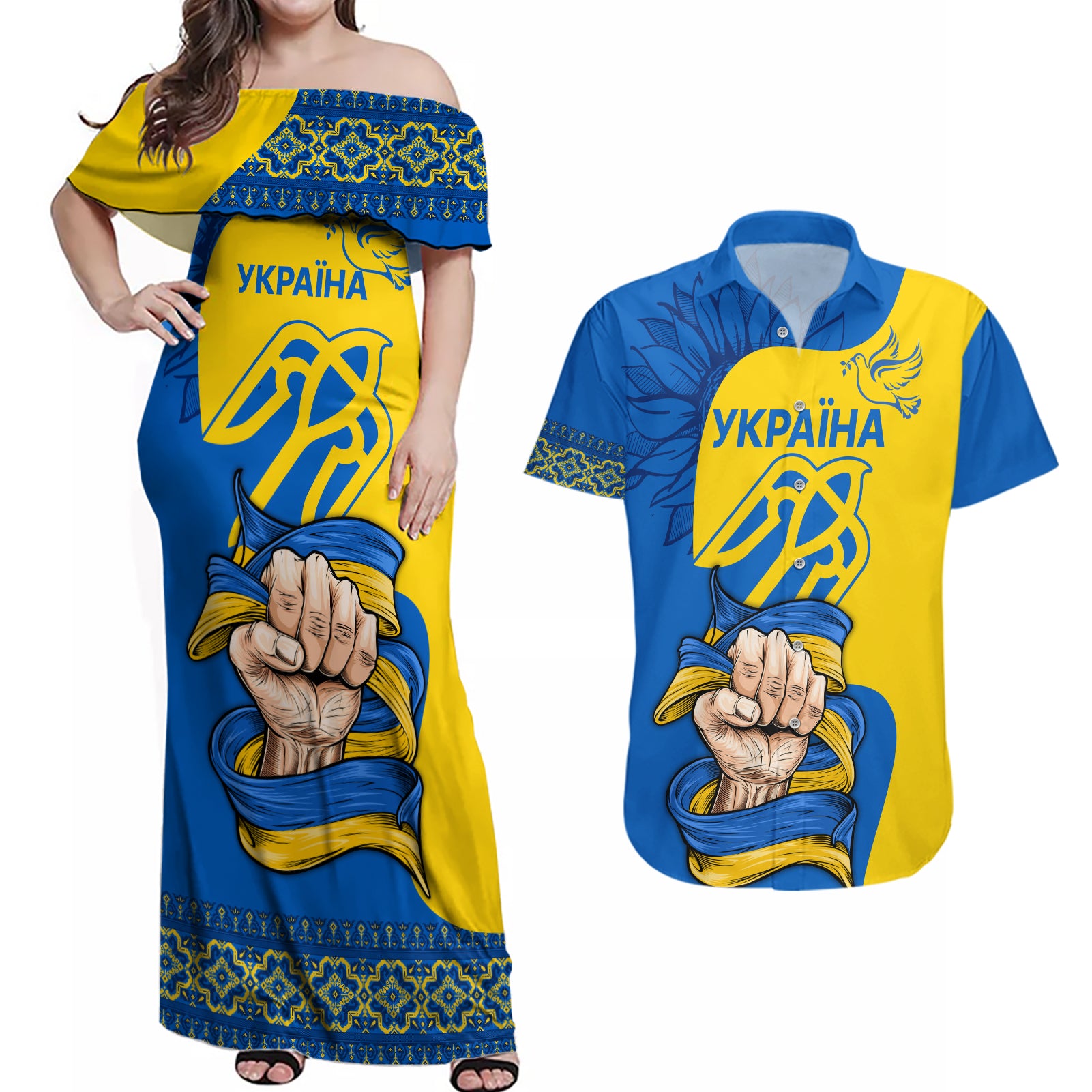 Ukraine Ukraine Folk Patterns Unity Day Personalized Couples Matching Off Shoulder Maxi Dress and Hawaiian Shirt LT9 - Wonder Print Shop
