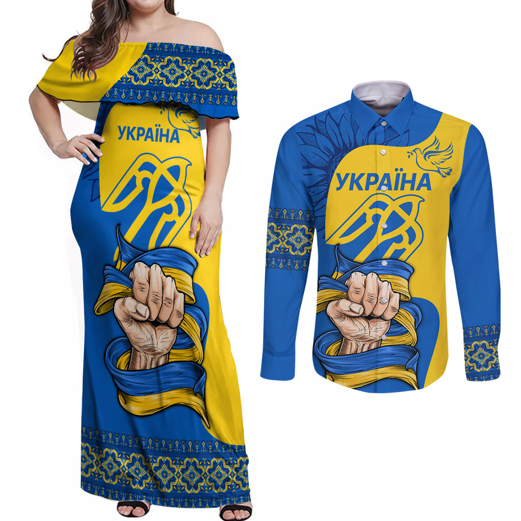 Ukraine Ukraine Folk Patterns Unity Day Personalized Couples Matching Off Shoulder Maxi Dress and Long Sleeve Button Shirt LT9 - Wonder Print Shop