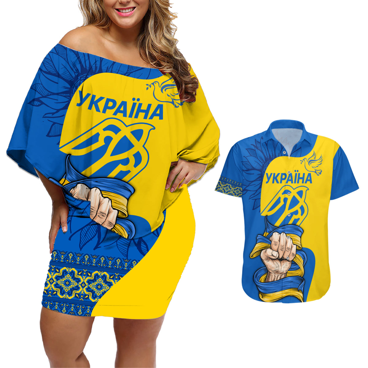 Ukraine Ukraine Folk Patterns Unity Day Personalized Couples Matching Off Shoulder Short Dress and Hawaiian Shirt LT9 - Wonder Print Shop