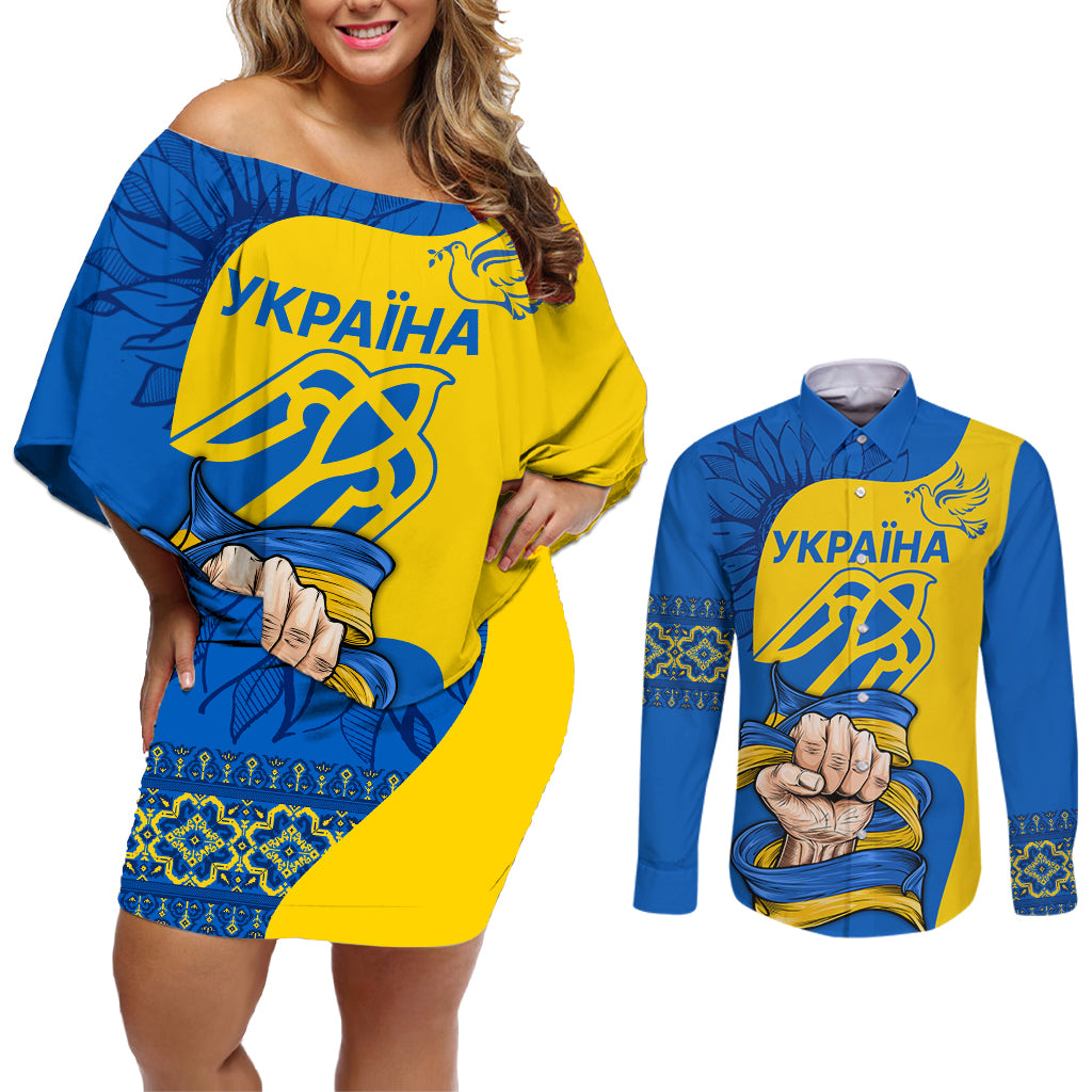 Ukraine Ukraine Folk Patterns Unity Day Personalized Couples Matching Off Shoulder Short Dress and Long Sleeve Button Shirt LT9 - Wonder Print Shop