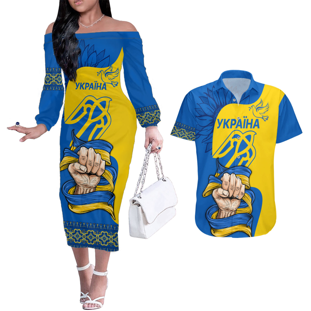 Ukraine Ukraine Folk Patterns Unity Day Personalized Couples Matching Off The Shoulder Long Sleeve Dress and Hawaiian Shirt LT9 - Wonder Print Shop