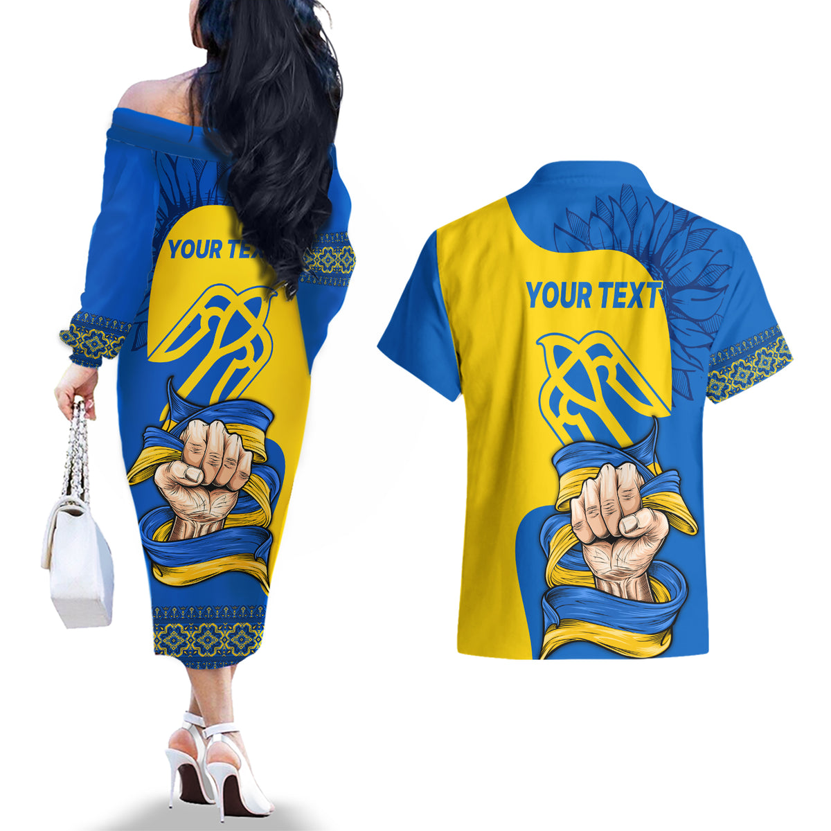 Ukraine Ukraine Folk Patterns Unity Day Personalized Couples Matching Off The Shoulder Long Sleeve Dress and Hawaiian Shirt LT9 - Wonder Print Shop