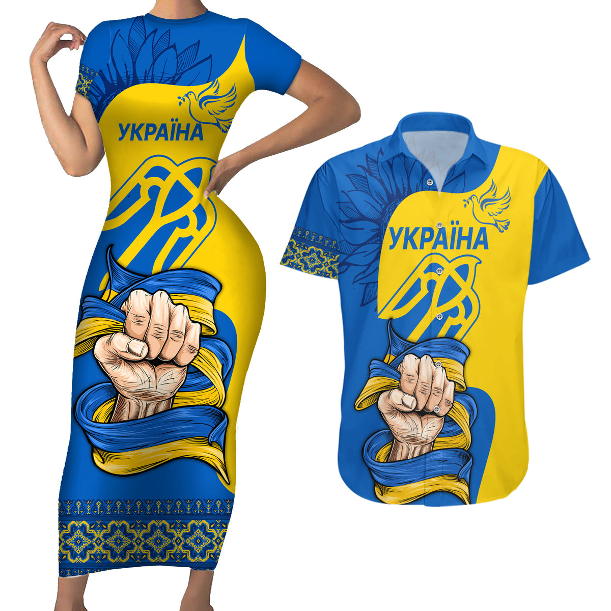 Ukraine Ukraine Folk Patterns Unity Day Personalized Couples Matching Short Sleeve Bodycon Dress and Hawaiian Shirt LT9 - Wonder Print Shop