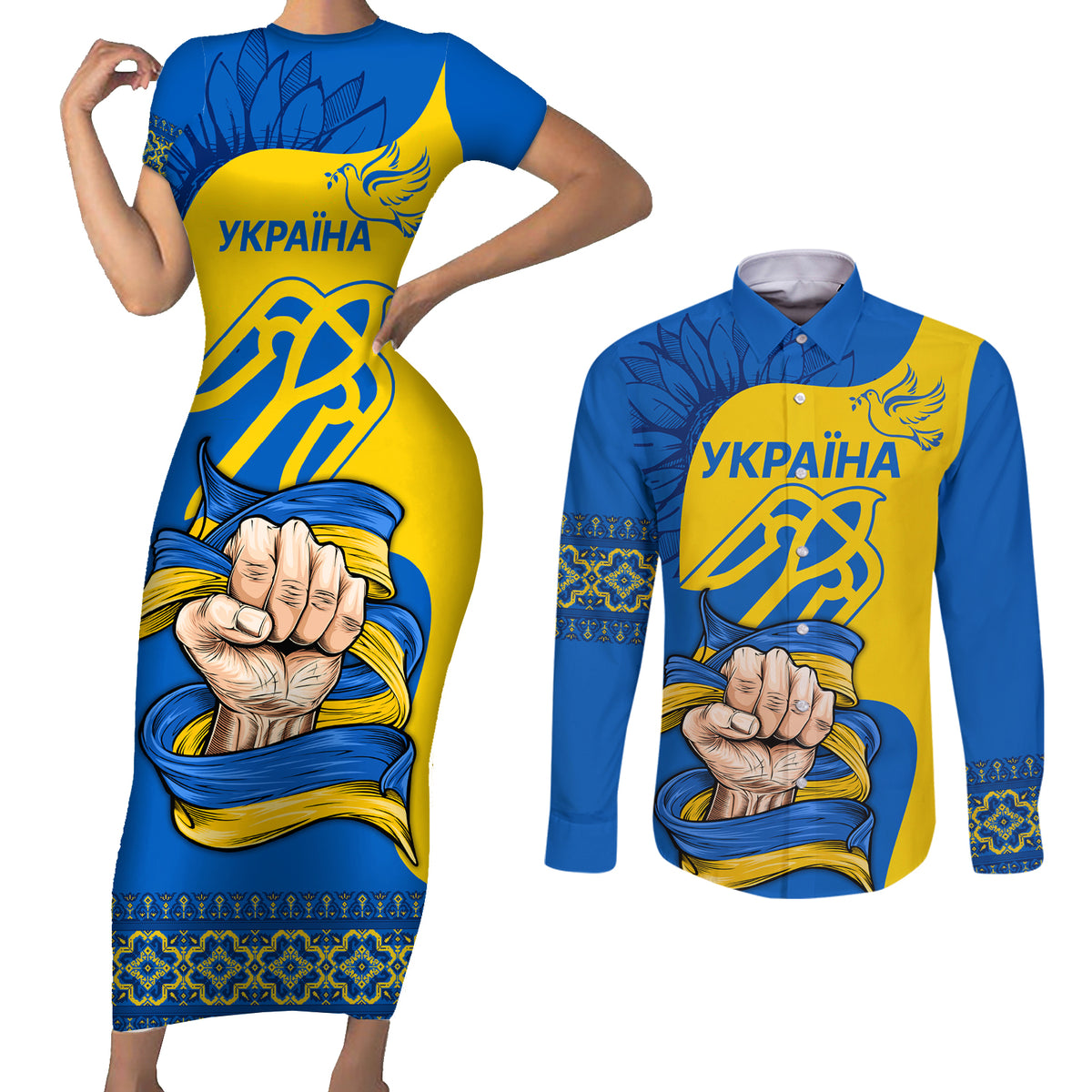 Ukraine Ukraine Folk Patterns Unity Day Personalized Couples Matching Short Sleeve Bodycon Dress and Long Sleeve Button Shirt LT9 - Wonder Print Shop