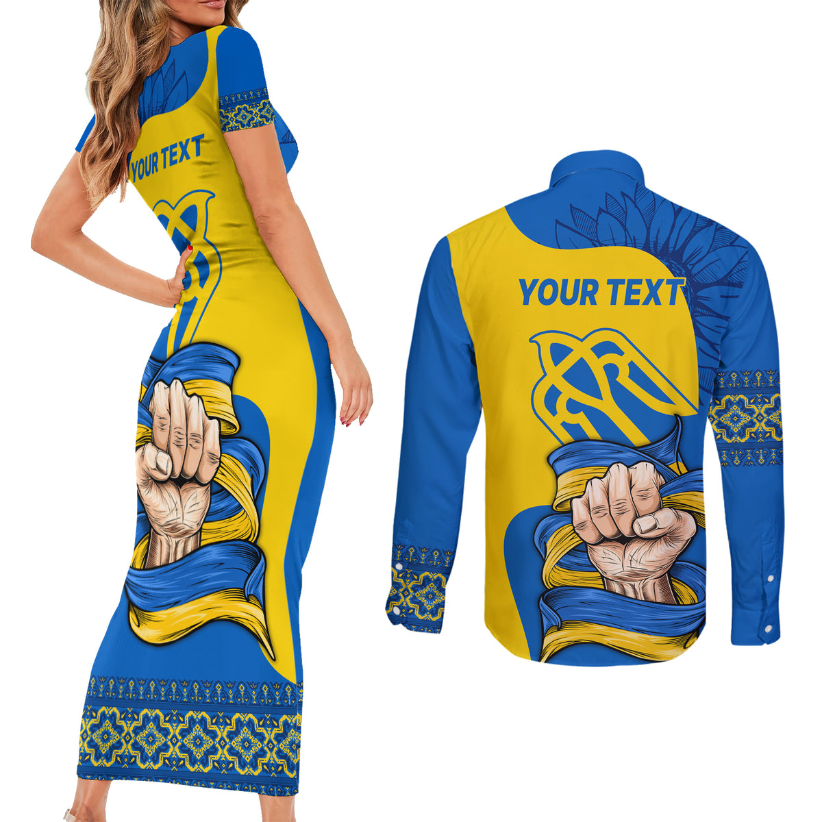 Ukraine Ukraine Folk Patterns Unity Day Personalized Couples Matching Short Sleeve Bodycon Dress and Long Sleeve Button Shirt LT9 - Wonder Print Shop