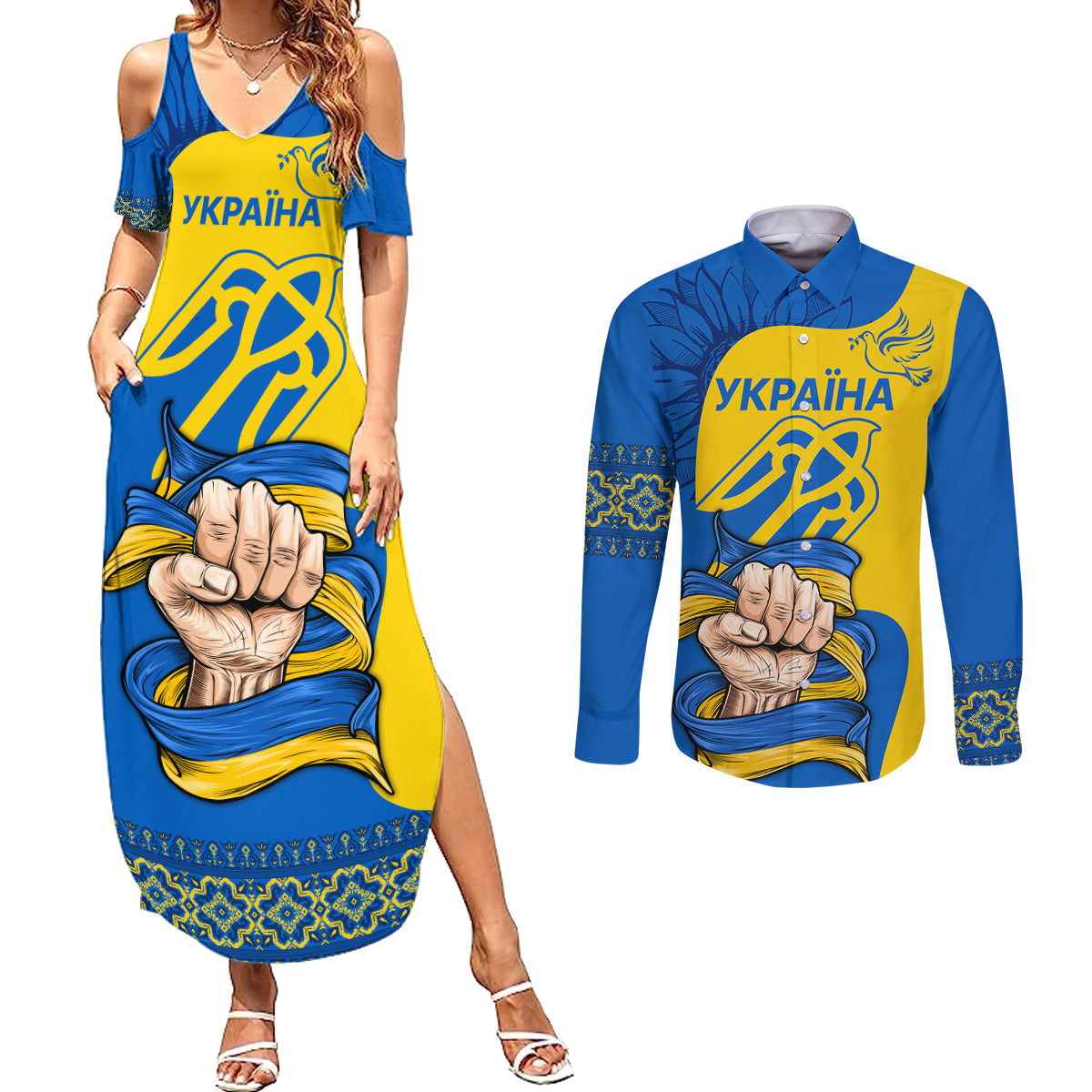 Ukraine Ukraine Folk Patterns Unity Day Personalized Couples Matching Summer Maxi Dress and Long Sleeve Button Shirt LT9 - Wonder Print Shop