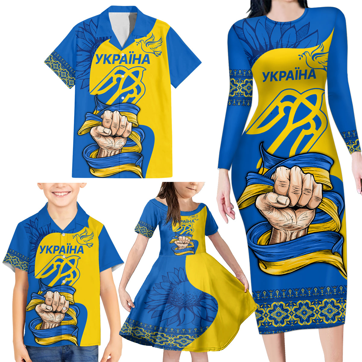 Ukraine Ukraine Folk Patterns Unity Day Personalized Family Matching Long Sleeve Bodycon Dress and Hawaiian Shirt LT9 - Wonder Print Shop