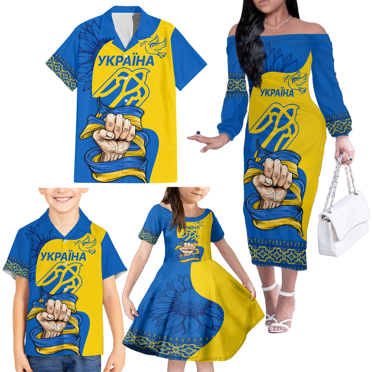 Ukraine Ukraine Folk Patterns Unity Day Personalized Family Matching Off Shoulder Long Sleeve Dress and Hawaiian Shirt - Wonder Print Shop