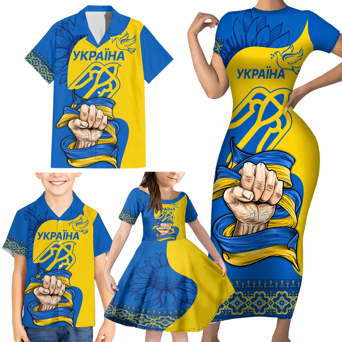 Ukraine Ukraine Folk Patterns Unity Day Personalized Family Matching Short Sleeve Bodycon Dress and Hawaiian Shirt - Wonder Print Shop