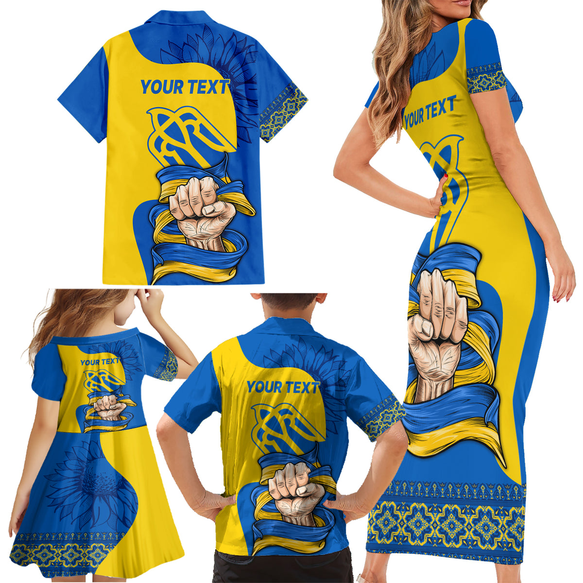 Ukraine Ukraine Folk Patterns Unity Day Personalized Family Matching Short Sleeve Bodycon Dress and Hawaiian Shirt - Wonder Print Shop