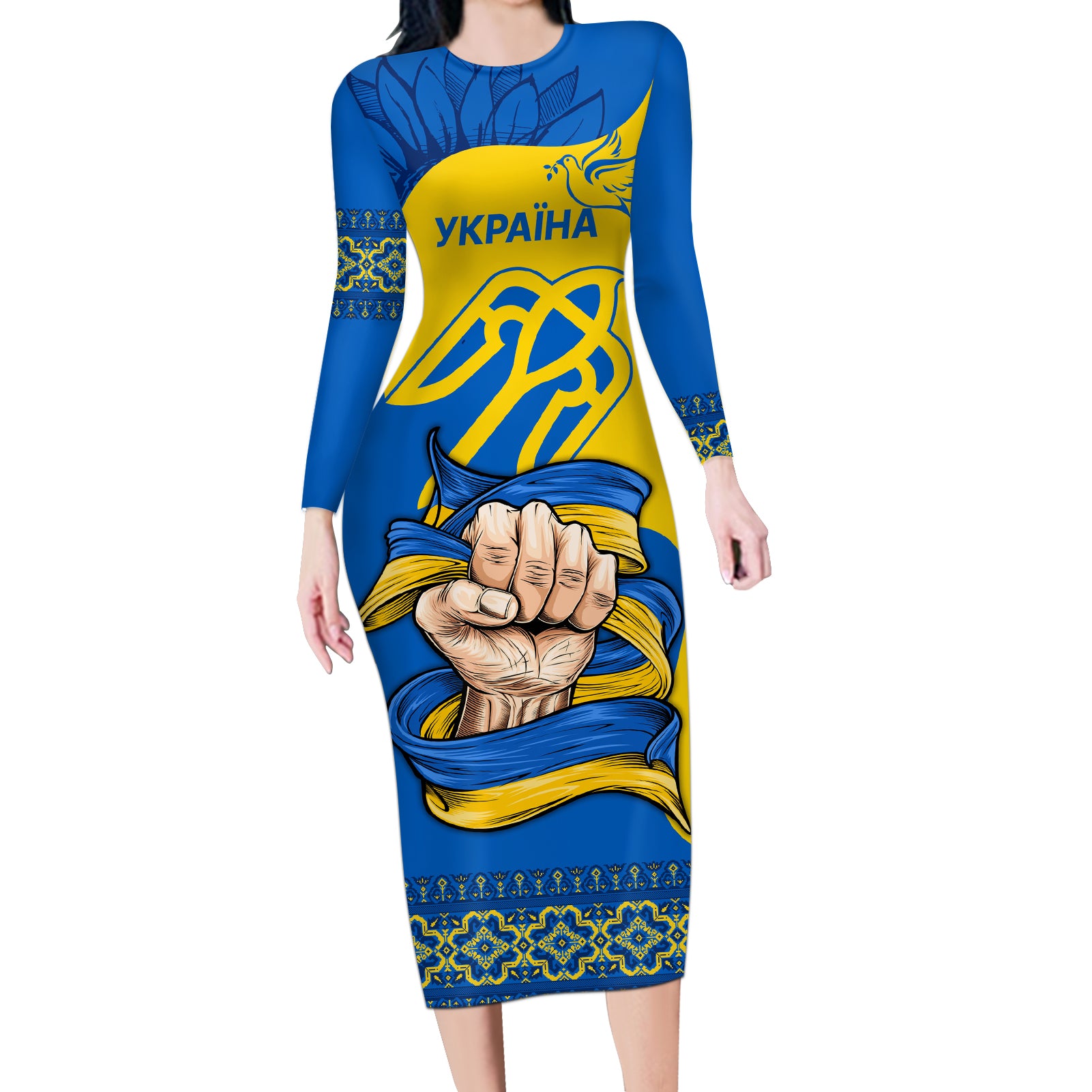 Ukraine Ukraine Folk Patterns Unity Day Personalized Long Sleeve Bodycon Dress - Wonder Print Shop