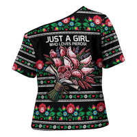 Pink Pierogi Flowers Over Dumplings Cross Shoulder Shirt