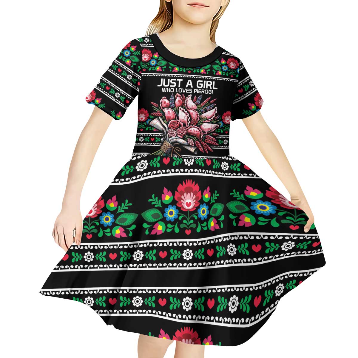 Pink Pierogi Flowers Over Dumplings Kid Short Sleeve Dress