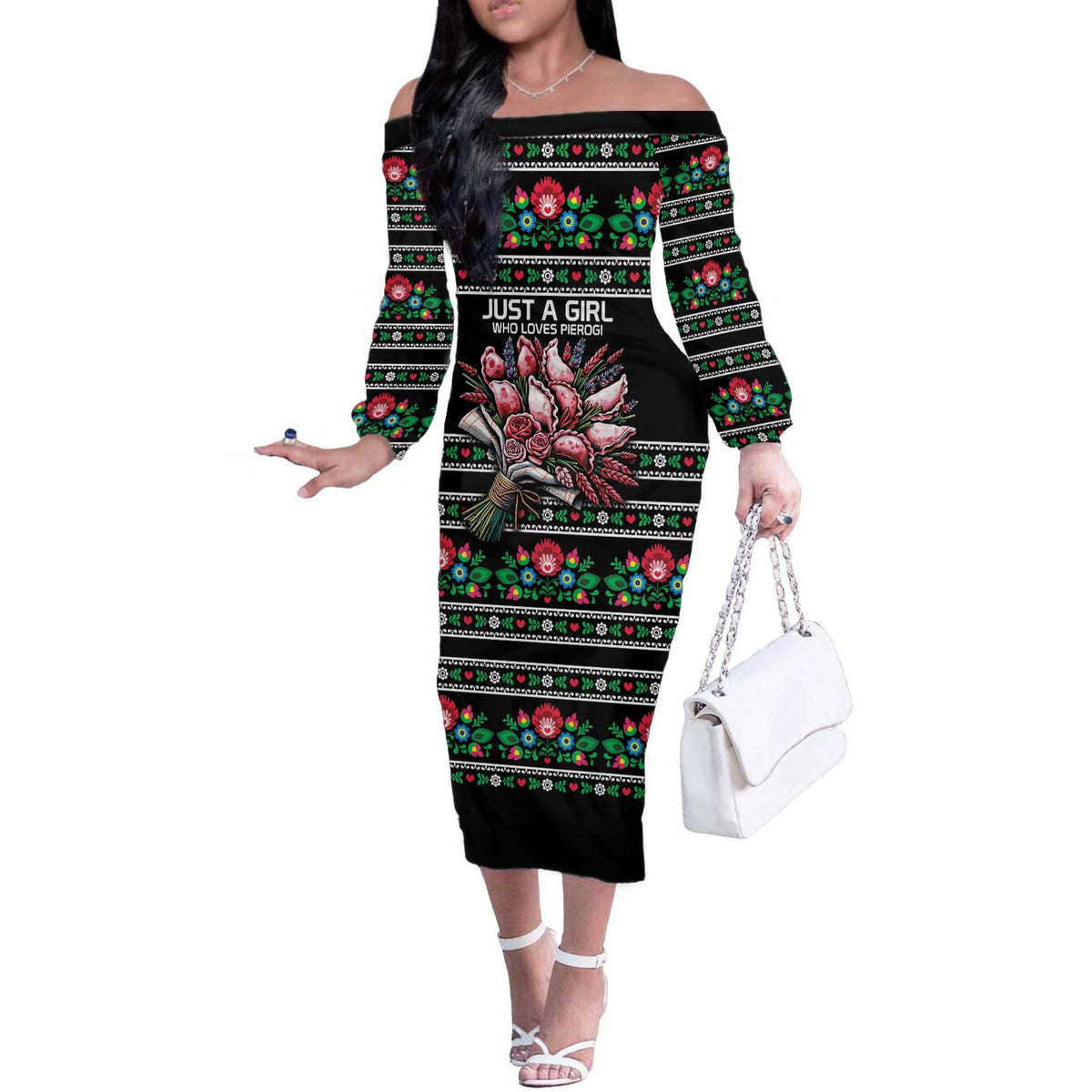 Pink Pierogi Flowers Over Dumplings Off The Shoulder Long Sleeve Dress