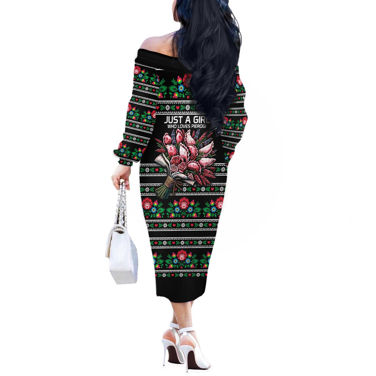 Pink Pierogi Flowers Over Dumplings Off The Shoulder Long Sleeve Dress