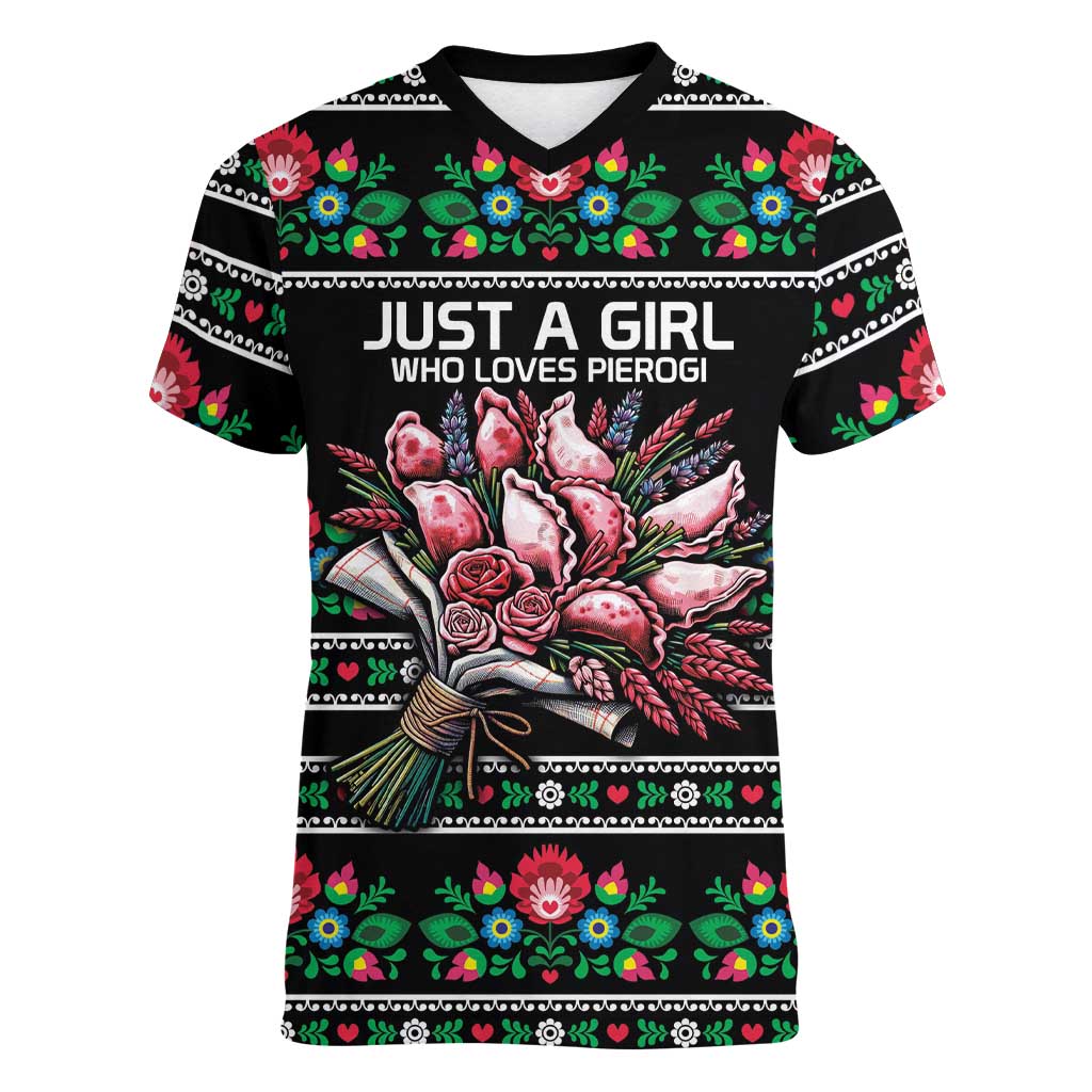 Pink Pierogi Flowers Over Dumplings Women V-Neck T-Shirt