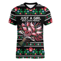 Pink Pierogi Flowers Over Dumplings Women V-Neck T-Shirt