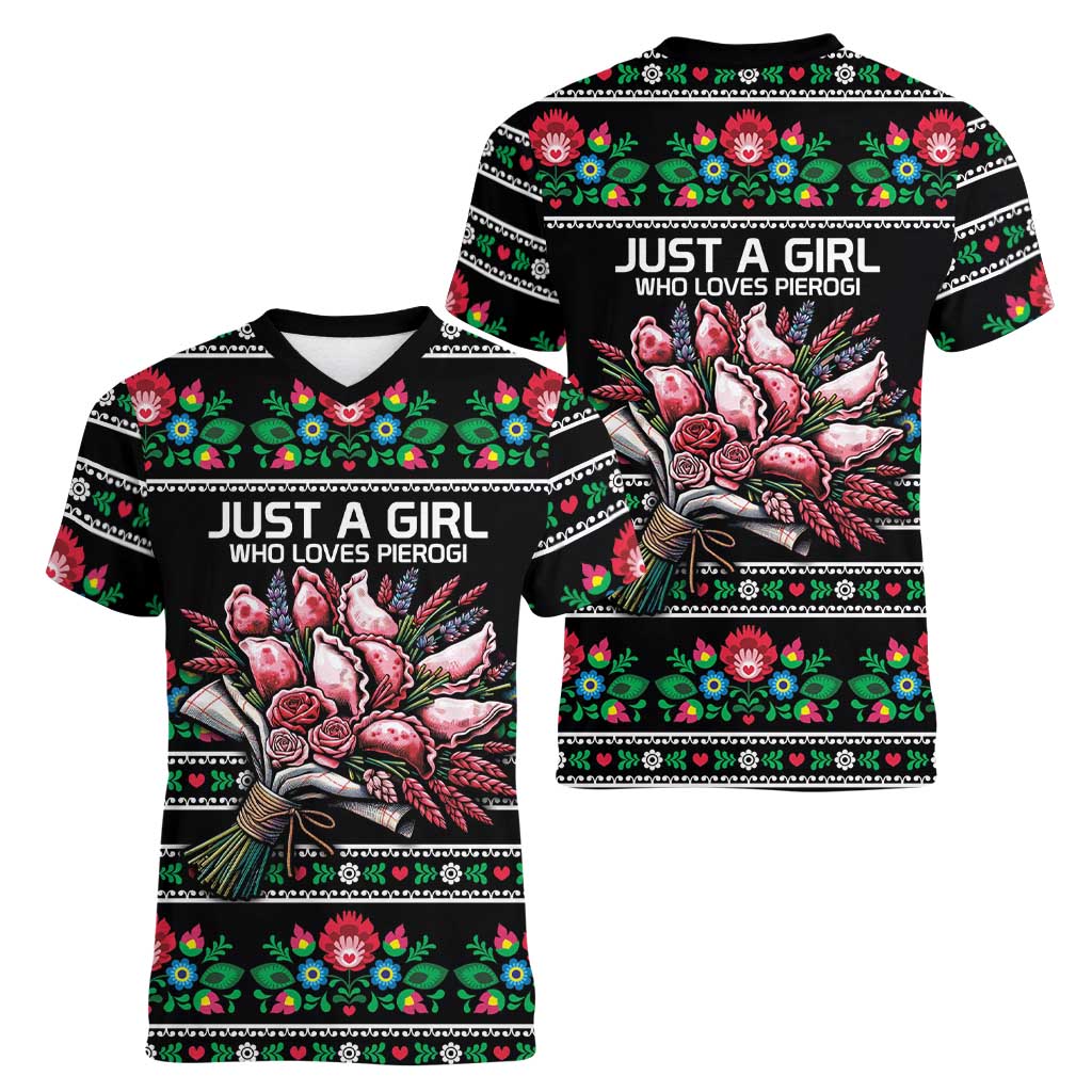 Pink Pierogi Flowers Over Dumplings Women V-Neck T-Shirt