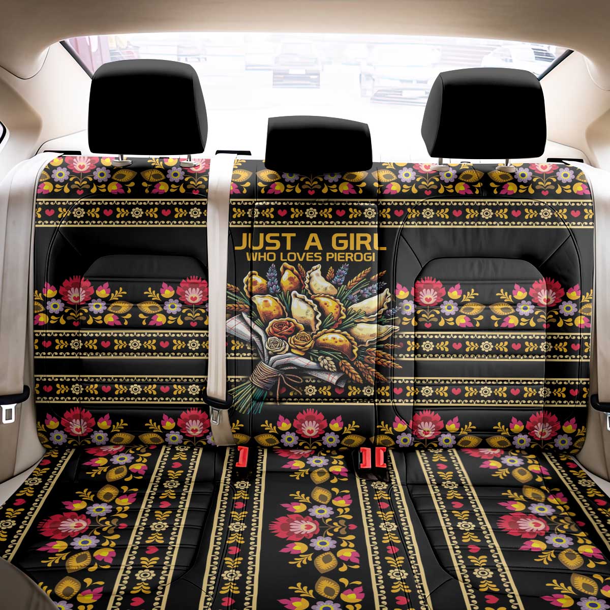 Gold Pierogi Flowers Over Dumplings Back Car Seat Cover