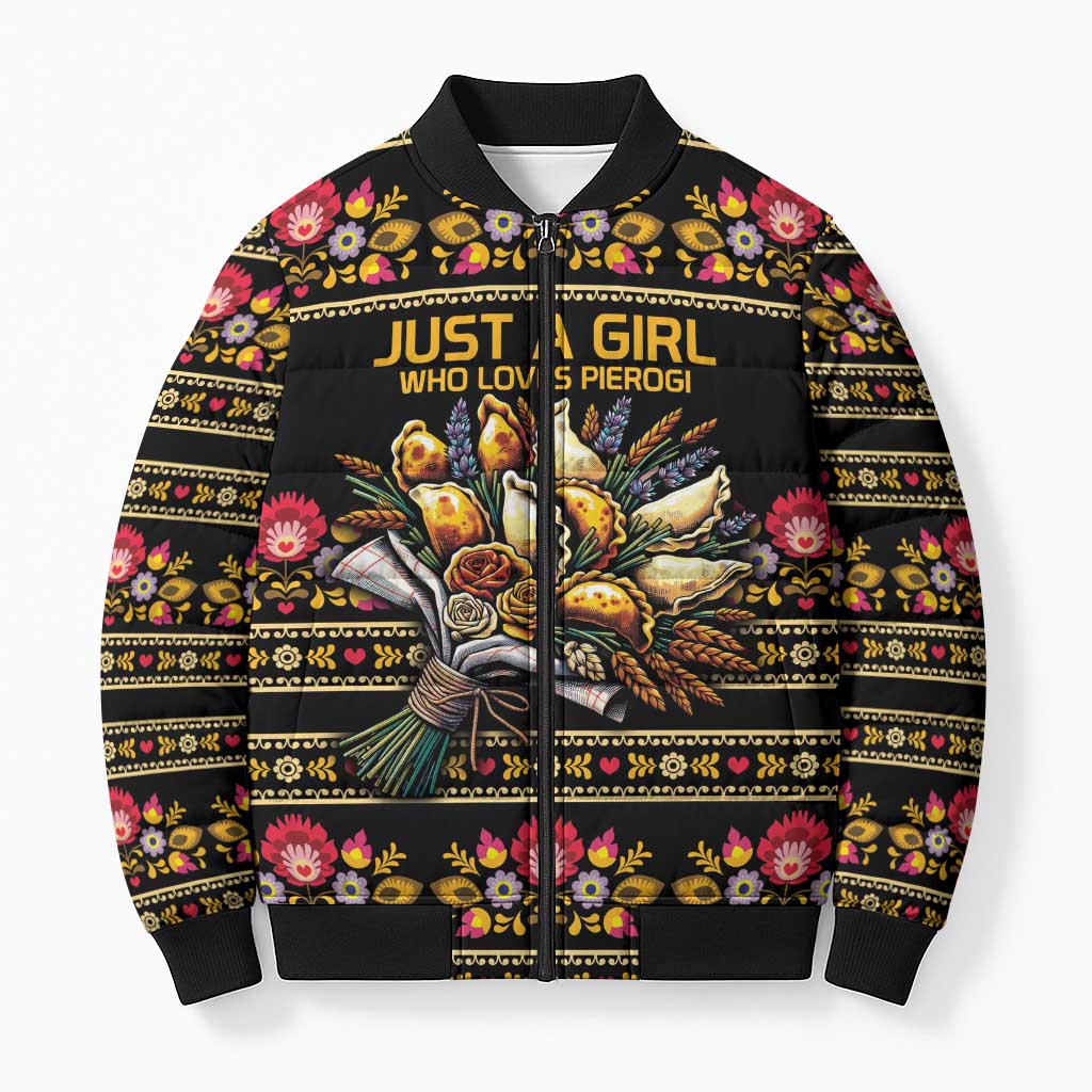 Gold Pierogi Flowers Over Dumplings Bomber Puffer Jacket