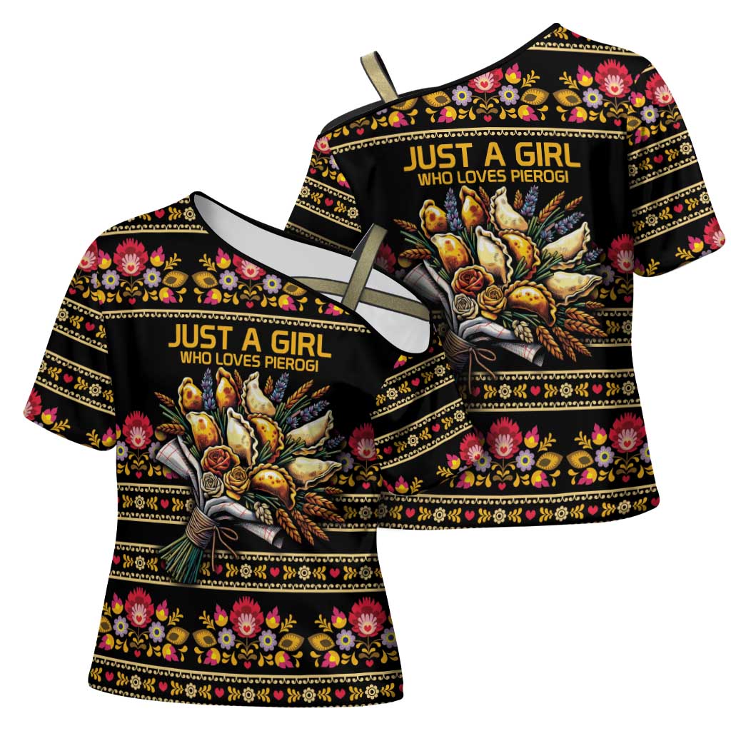 Gold Pierogi Flowers Over Dumplings Cross Shoulder Shirt