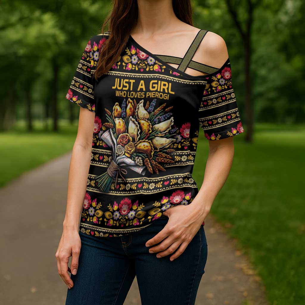 Gold Pierogi Flowers Over Dumplings Cross Shoulder Shirt