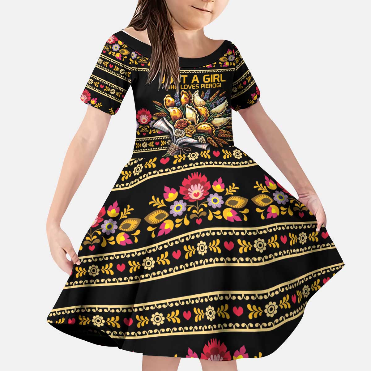 Gold Pierogi Flowers Over Dumplings Kid Short Sleeve Dress