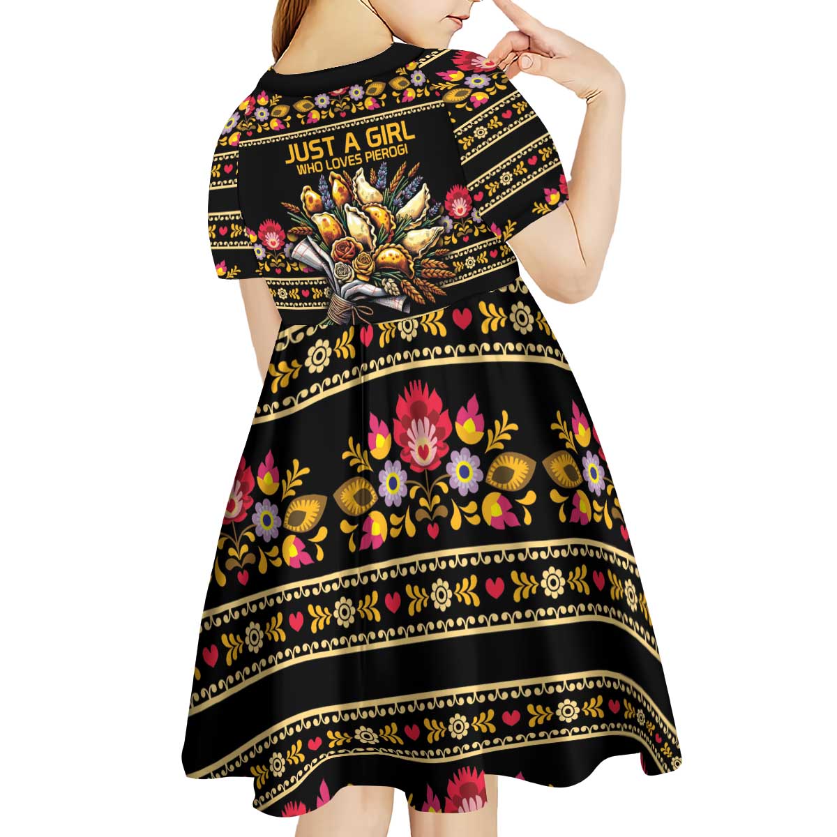 Gold Pierogi Flowers Over Dumplings Kid Short Sleeve Dress