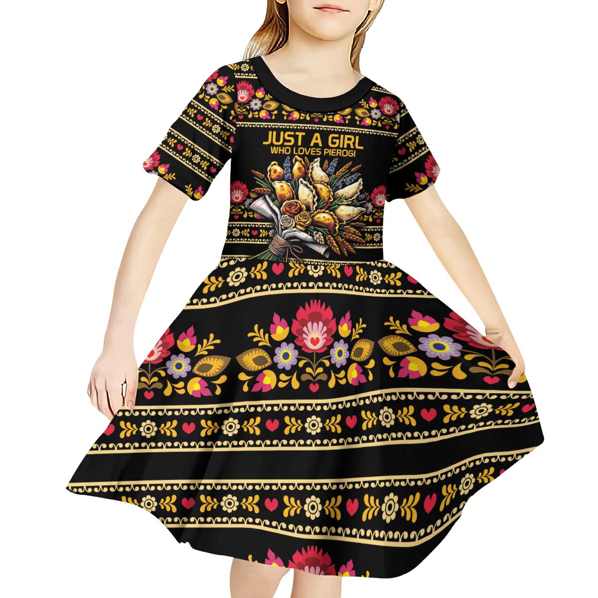 Gold Pierogi Flowers Over Dumplings Kid Short Sleeve Dress