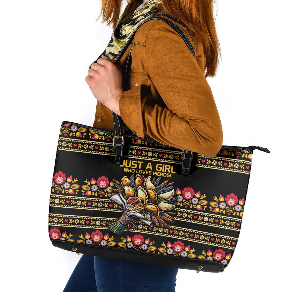 Gold Pierogi Flowers Over Dumplings Leather Tote Bag