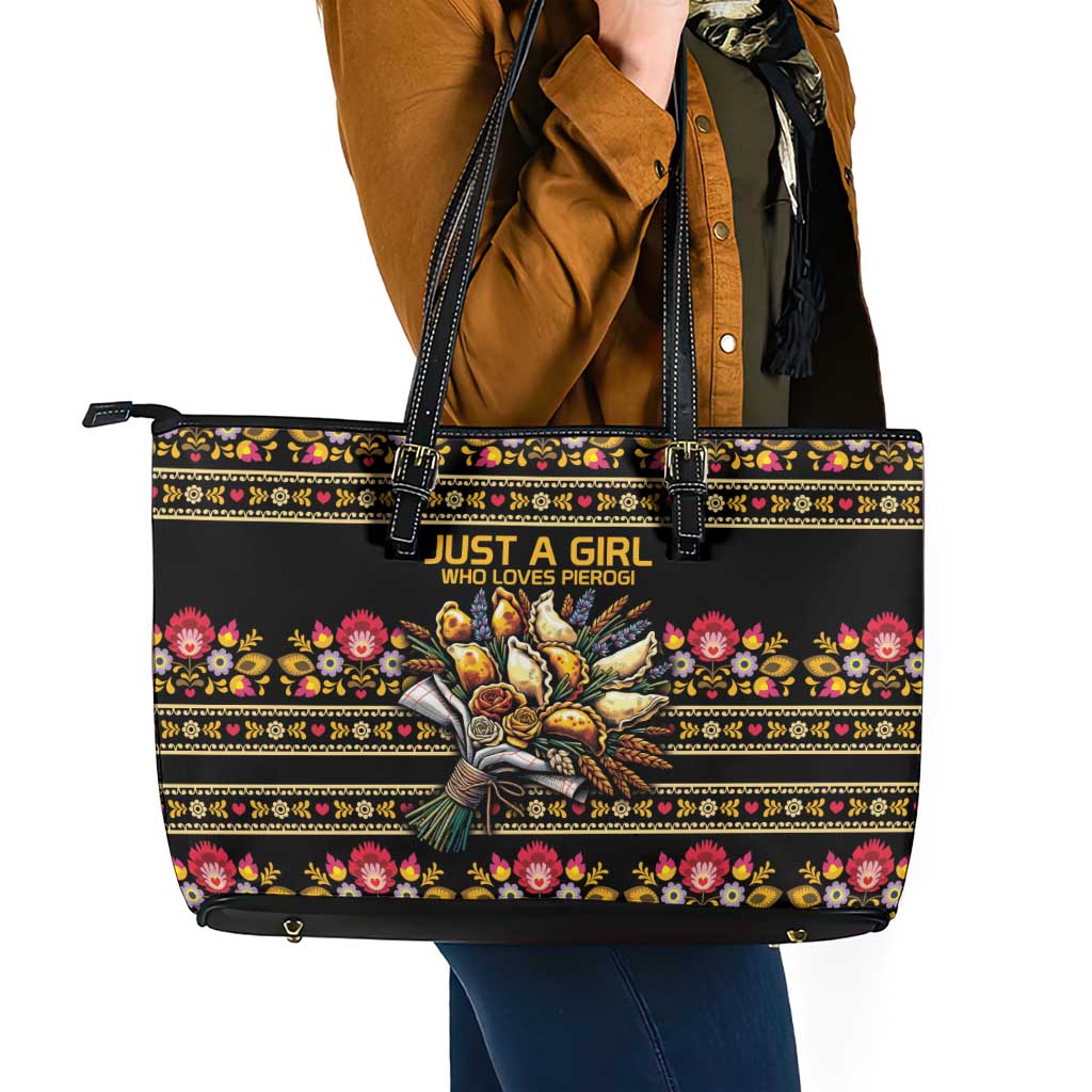 Gold Pierogi Flowers Over Dumplings Leather Tote Bag