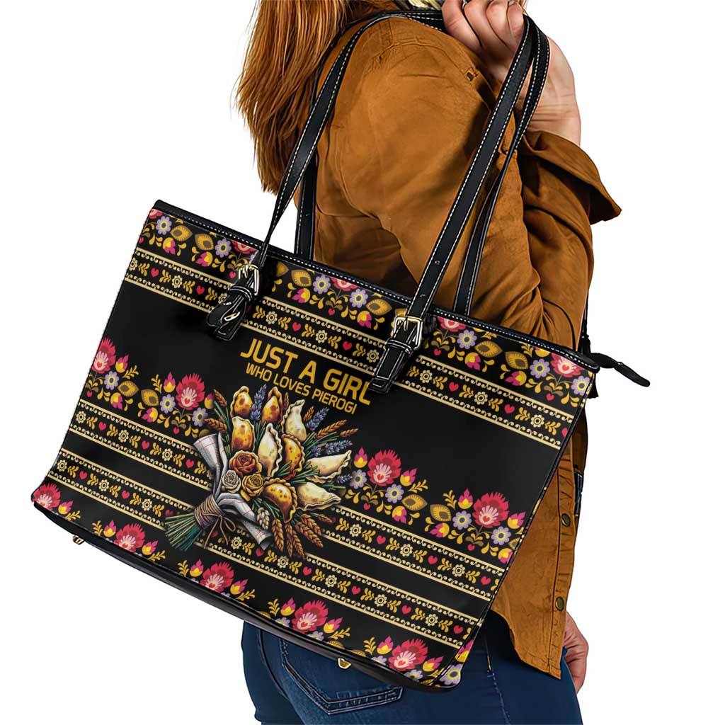 Gold Pierogi Flowers Over Dumplings Leather Tote Bag