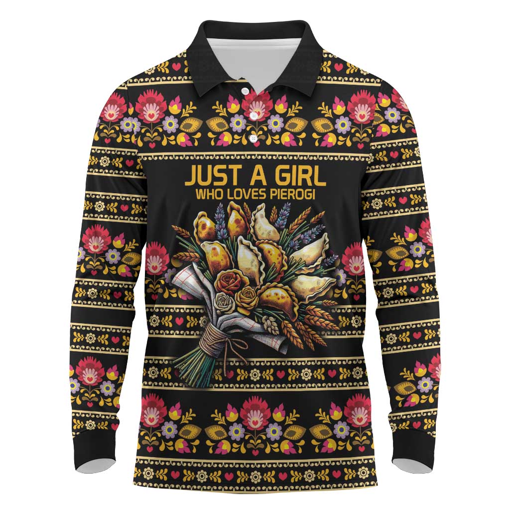 Gold Pierogi Flowers Over Dumplings Long Sleeve Polo Shirt