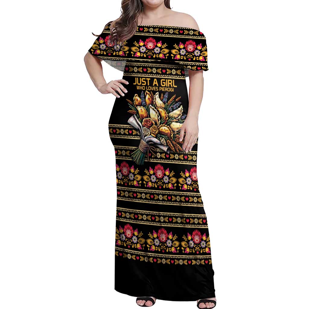 Gold Pierogi Flowers Over Dumplings Off Shoulder Maxi Dress